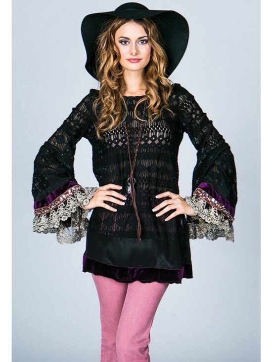 Free People Dresses & Skirts - RARE Free People Black Lace Velvet Bell Sleeve Mini Dress Tunic| Whimsigoth Boho